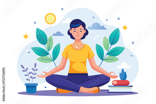 Smiling brunette woman practices meditation with the lotus position surrounded by greenery and books