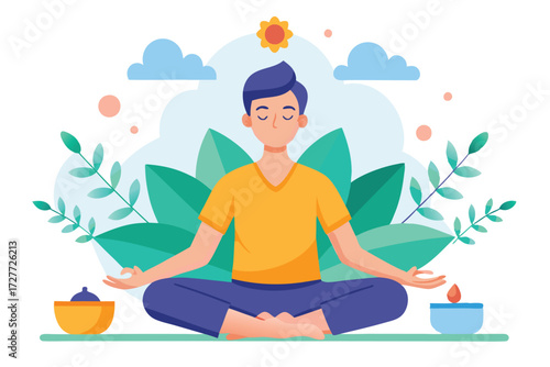 Asian man meditating in lotus position surrounded by nature and small bowls with eyes closed