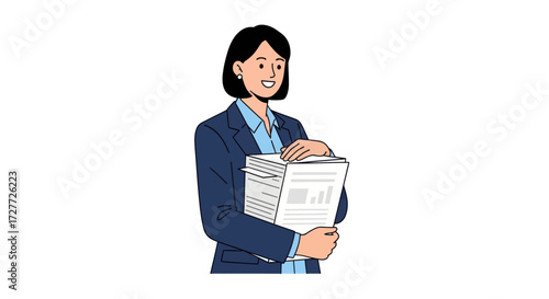 Smiling Businesswoman Holding Stack of Documents in Blue Suit.
