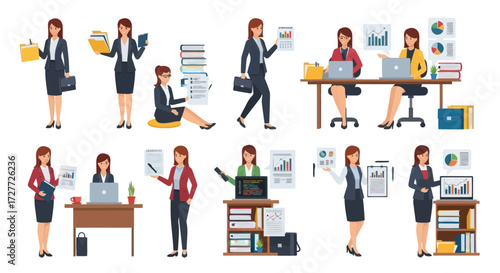 Diverse businesswomen in various office scenarios working and collaborating.