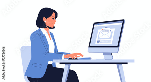 Professional businesswoman with short hair working on a desktop computer at her office desk.
