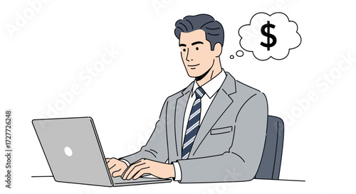 Businessman Working on Laptop Thinking of Money.