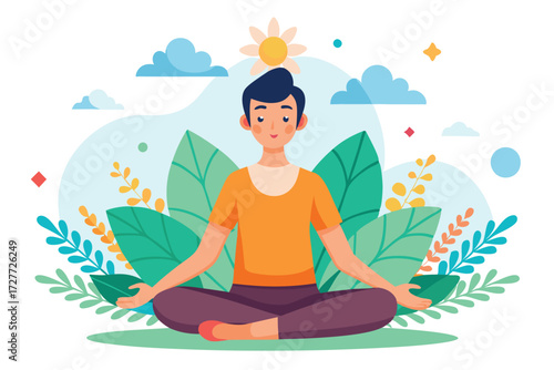 Smiling brunette man meditates in lotus position surrounded by leaves and abstract floral environment