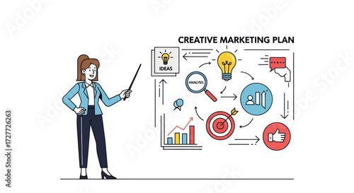 Cartoon Woman Presenting Creative Marketing Plan Diagram with Business Icons.