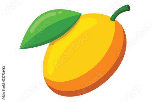 Fresh yellow mango adorned with a vibrant green leaf presents simple tropical sweetness