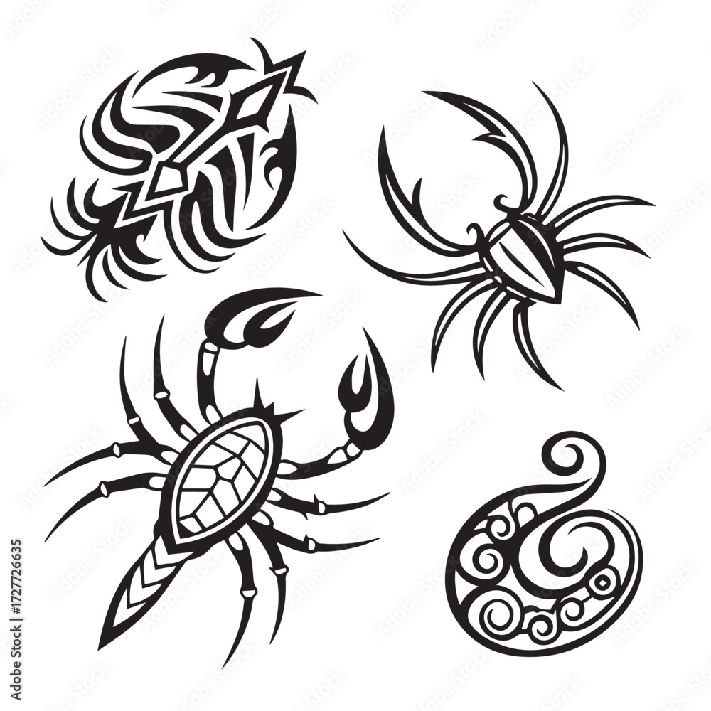 Obraz premium A collection of tribalinspired insect designs isolated on white background, featuring a scorpion, spider, and other abstract insect forms, showcasing intricate patterns and bold lines