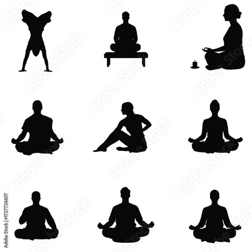 Diverse yoga poses in silhouette showcase flexibility balance and mindfulness for fitness relaxation and holistic wellness practices