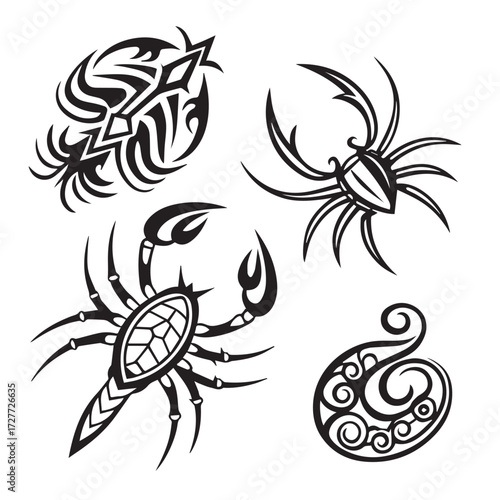 A collection of tribalinspired insect designs isolated on white background, featuring a scorpion, spider, and other abstract insect forms, showcasing intricate patterns and bold lines