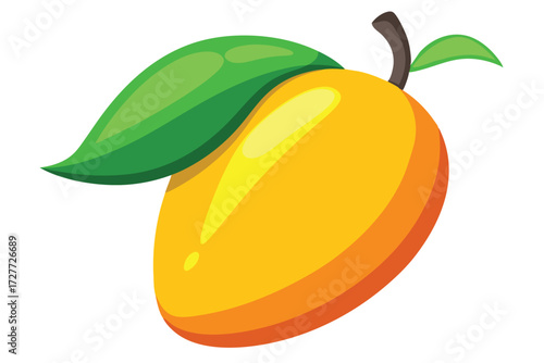 Cartoon mango with vibrant yellow and orange hues has two green leaves