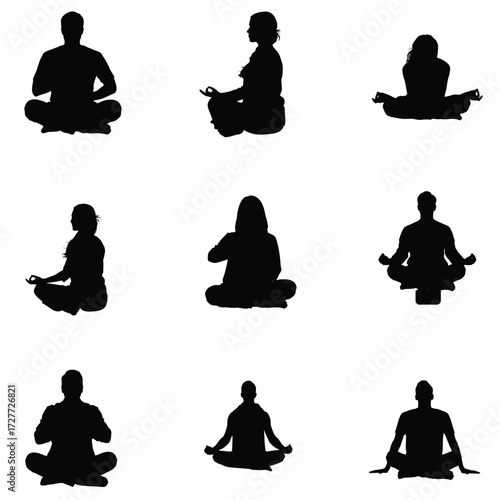 Collection of silhouette figures in lotus position meditating for wellness mindfulness and stress relief on a clean white background