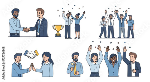 Diverse Business Team Celebrating Success with Handshakes and Trophies.