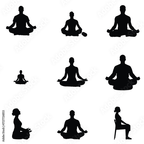 Collection of yoga silhouettes in various poses including lotus position and seated meditation against a clean white background for wellness concepts