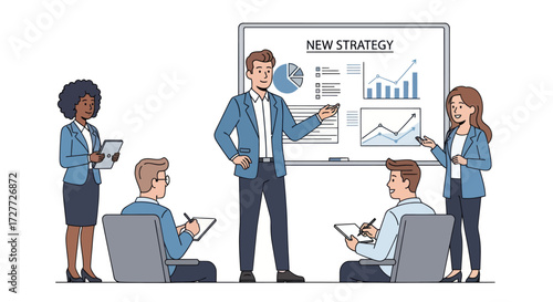 Professional business team presenting new strategy on whiteboard with data charts.