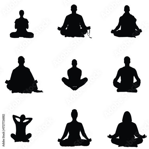 Diverse group of people meditating in various yoga positions silhouetted against a white background promoting mindfulness and wellness practices