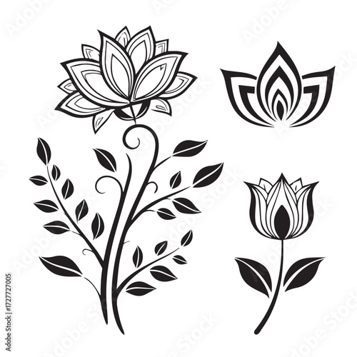 Elegant floral designs featuring lotus and tulip motifs, rendered in black and white, showcase intricate line work and botanical artistry isolated on white background