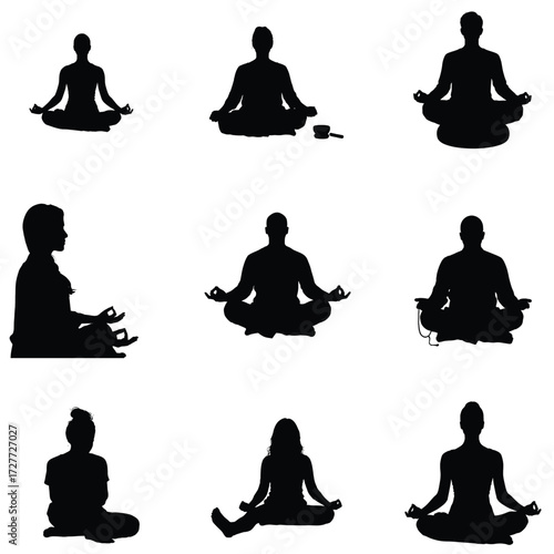 Silhouettes of people meditating in various yoga positions promoting wellness mindfulness and relaxation for health and fitness benefits