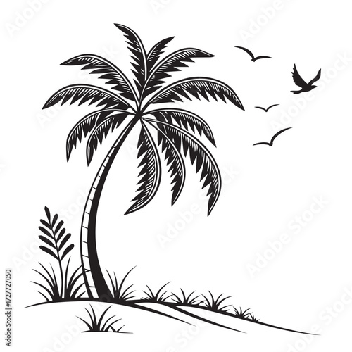 A serene tropical landscape, isolated on white background, features a graceful palm tree swaying gently, accompanied by birds soaring freely in the sky, and lush grass, creating a tranquil oasis