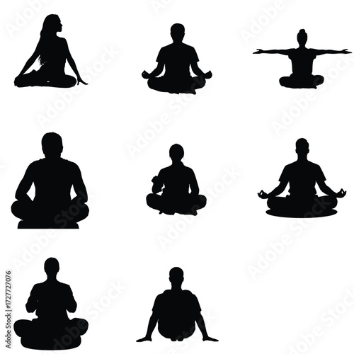 Silhouettes of people meditating in various yoga poses promoting wellness mindfulness and relaxation for health and fitness benefits