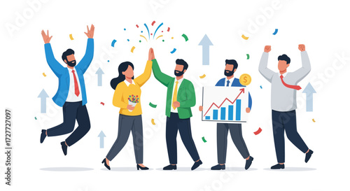 Celebrating Business Team Success with High-Five and Graph.