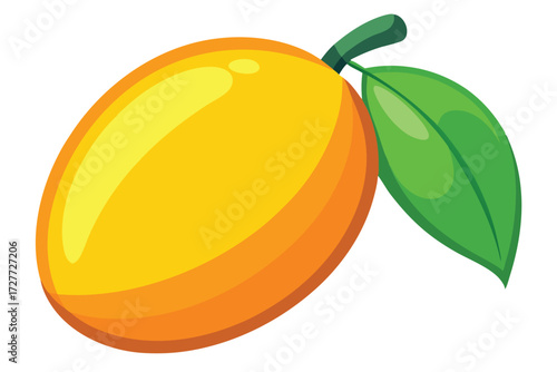 Single yellow cartoon mango displays a green leaf on a solid white background
