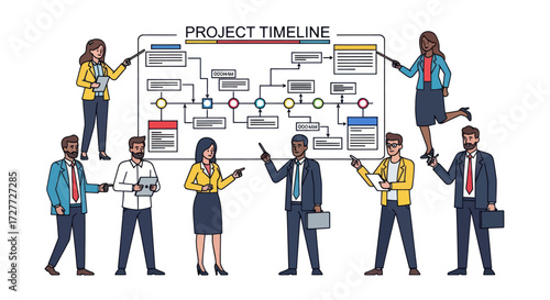 Business Team Presenting Project Timeline Flowchart.
