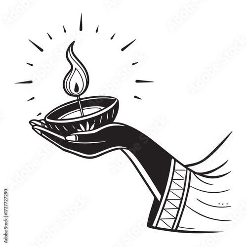 An illustration of a hand holding a diya lamp, isolated on white background, symbolizing light, hope, and spirituality, often associated with festivals like diwali