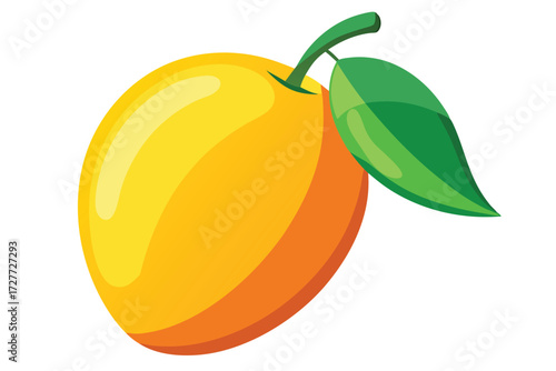 Glossy yellow mango features an attached green leaf and stem on white background