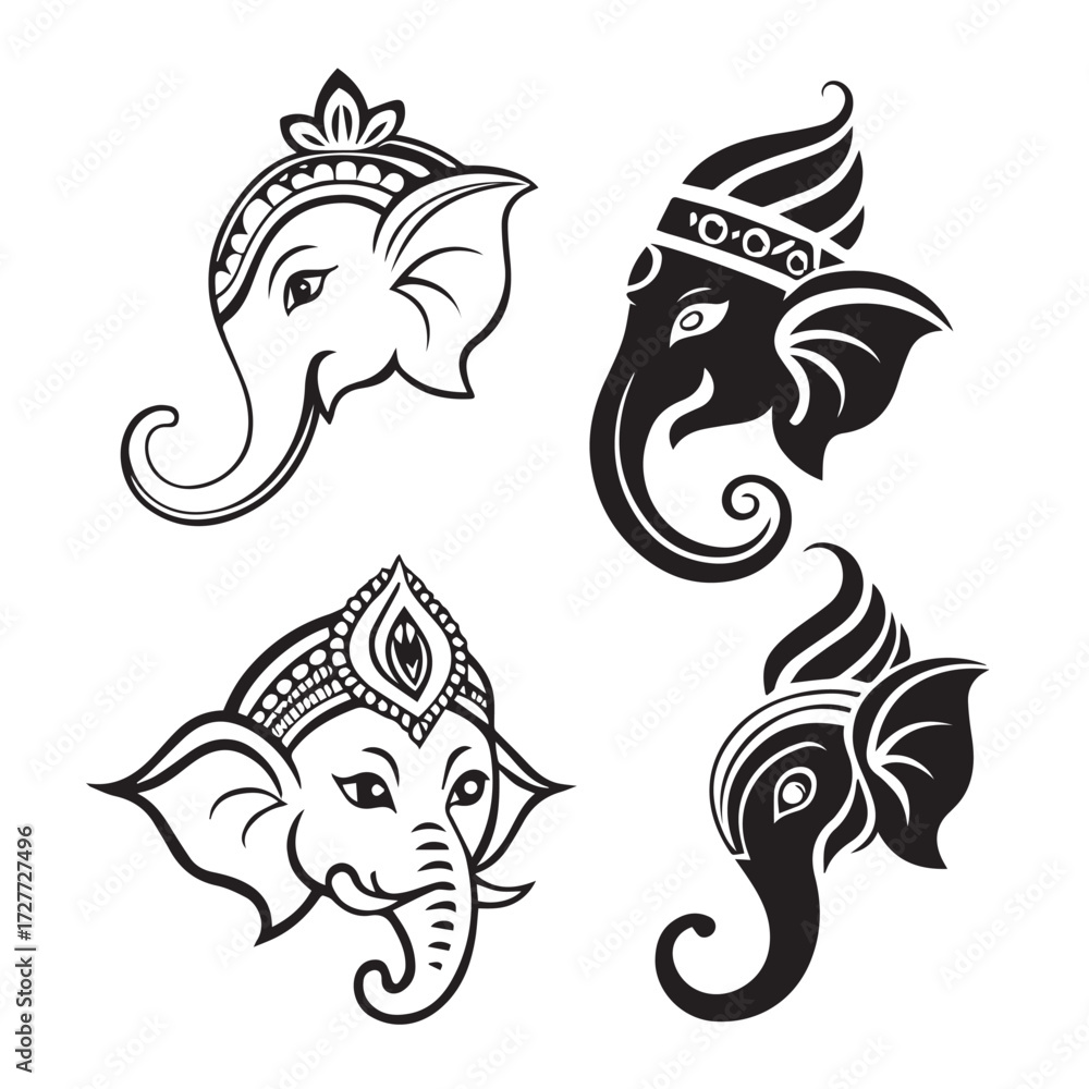 Obraz premium Four ganesha heads are depicted in black and white, showcasing different styles and adornments, isolated on white background each head features unique headdresses and trunk designs
