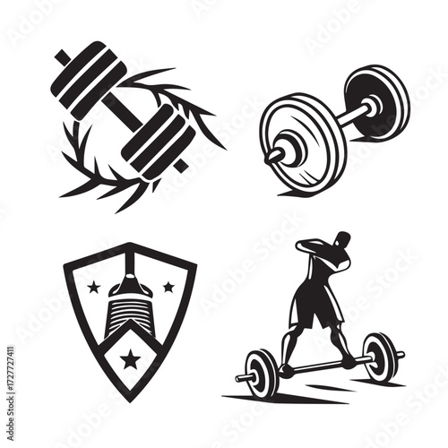 Fitness and weightlifting icons isolated on white background displaying dumbbells, a laurel wreath, a shield with a tower, and a weightlifter, representing strength and exercise