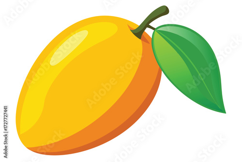 A single cartoon mango fruit shines with an attached green leaf and stem