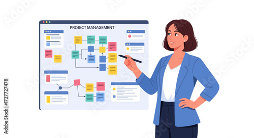 Woman Presenting Project Management Flowchart on Whiteboard.