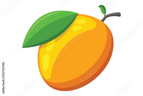 A single mango with a green leaf appears isolated on a white backdrop