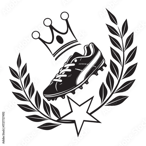 An emblem of a soccer cleat with a crown and star, surrounded by laurel branches, isolated on white background, rendered in black and white for a regal, sporty aesthetic