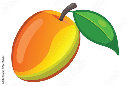 Vibrant orange mango showcases its single green leaf and its small brown stem