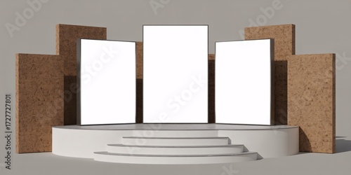 Three blank frames on a white stage with wooden blocks in a minimalist studio setting for mockup display