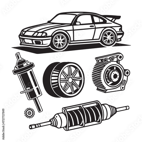 A detailed illustration isolated on white background showcasing a car and various auto parts, including a wheel, shock absorber, and engine component, in a technical and graphic style