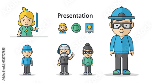 Cartoon Characters in Various Poses for Presentation and Design.