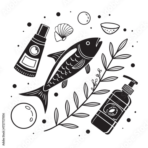Black and white illustration featuring a fish, cosmetic product, and botanical elements, isolated on white background, creating a visually appealing composition, evoking a sense of natural beauty