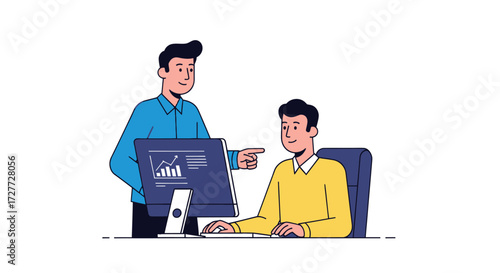 Two male colleagues collaborating in the office analyzing data charts on a computer monitor.