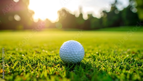 Golf ball rests on bright green grass, sun shining behind trees on a summer day