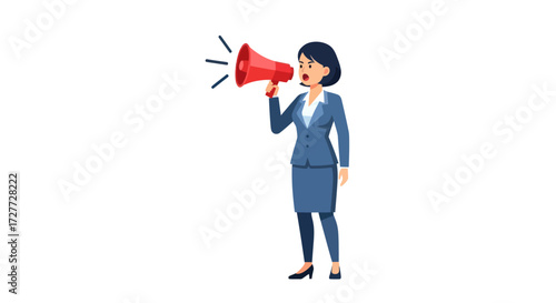 Businesswoman shouting into a red megaphone wearing a blue suit.