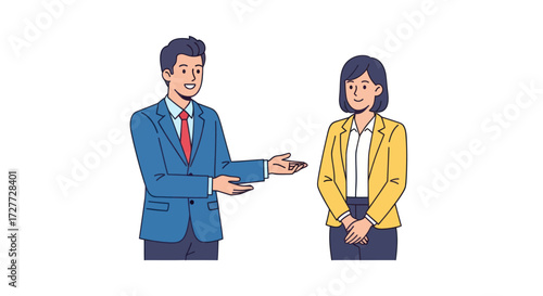 Businessman and Businesswoman in Professional Attire Engaging in Conversation.