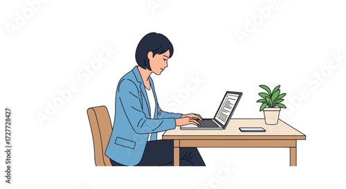 Woman working on a laptop at a desk with a plant.