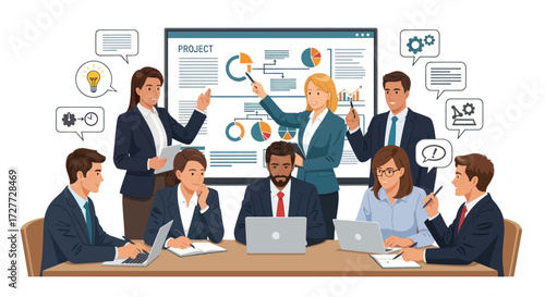 Business Team Presenting Project Data and Analysis in Meeting.