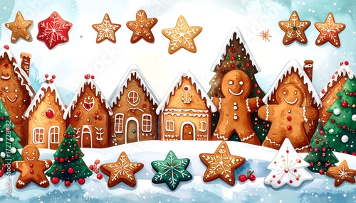 Whimsical gingerbread village scene with gingerbread men and star cookies on snowy hill