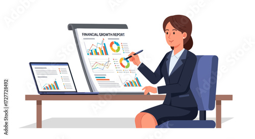 Businesswoman Analyzing Financial Report on Flip Chart.