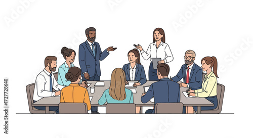 Diverse group of professionals in a business meeting discussing ideas around a conference table.