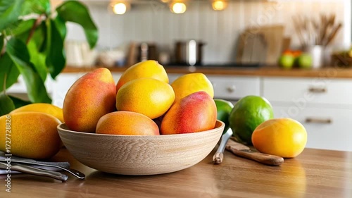 A vibrant display of ripe mangoes and limes in a bright kitchen setting