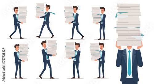 Businessman carrying stacks of paper documents in various poses.