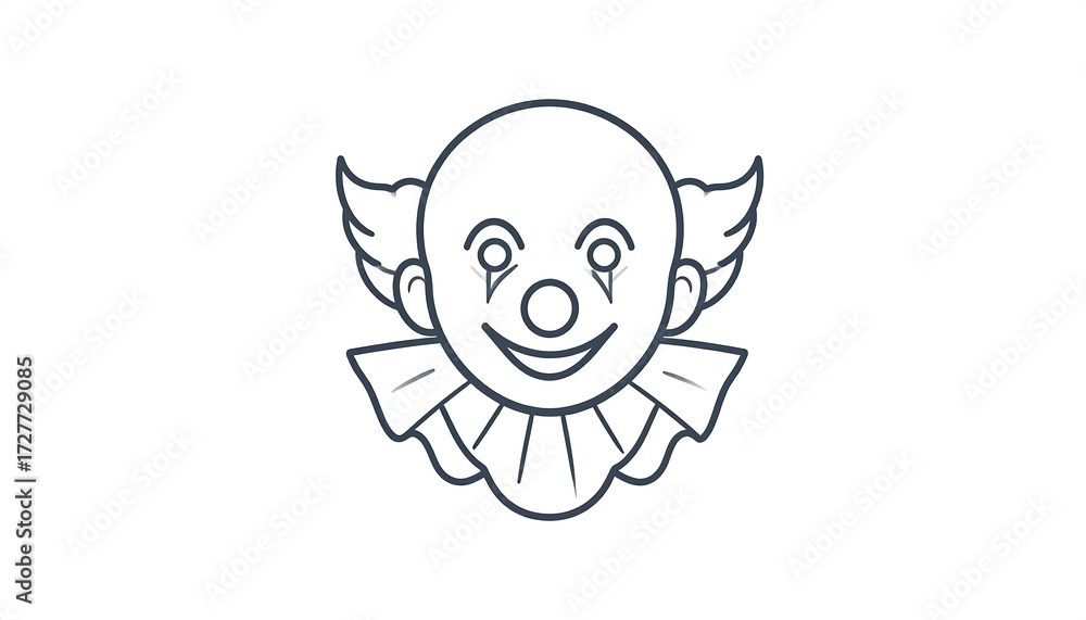 Fototapeta premium Simple line drawing of a clown face with ruffled collar on a plain white background